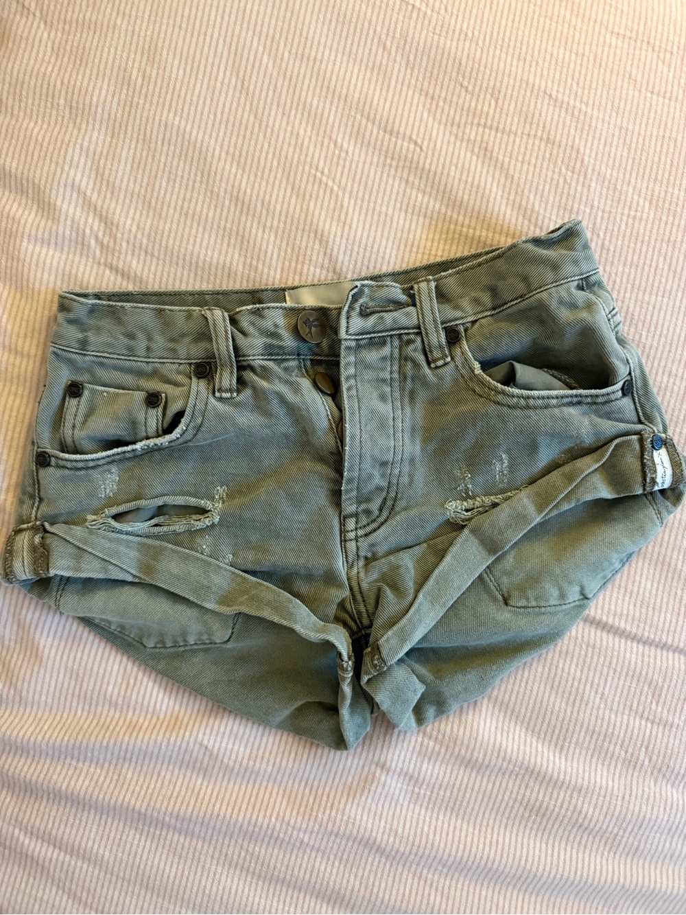 One Teaspoon Olive Green Distressed Denim Cutoff Shorts